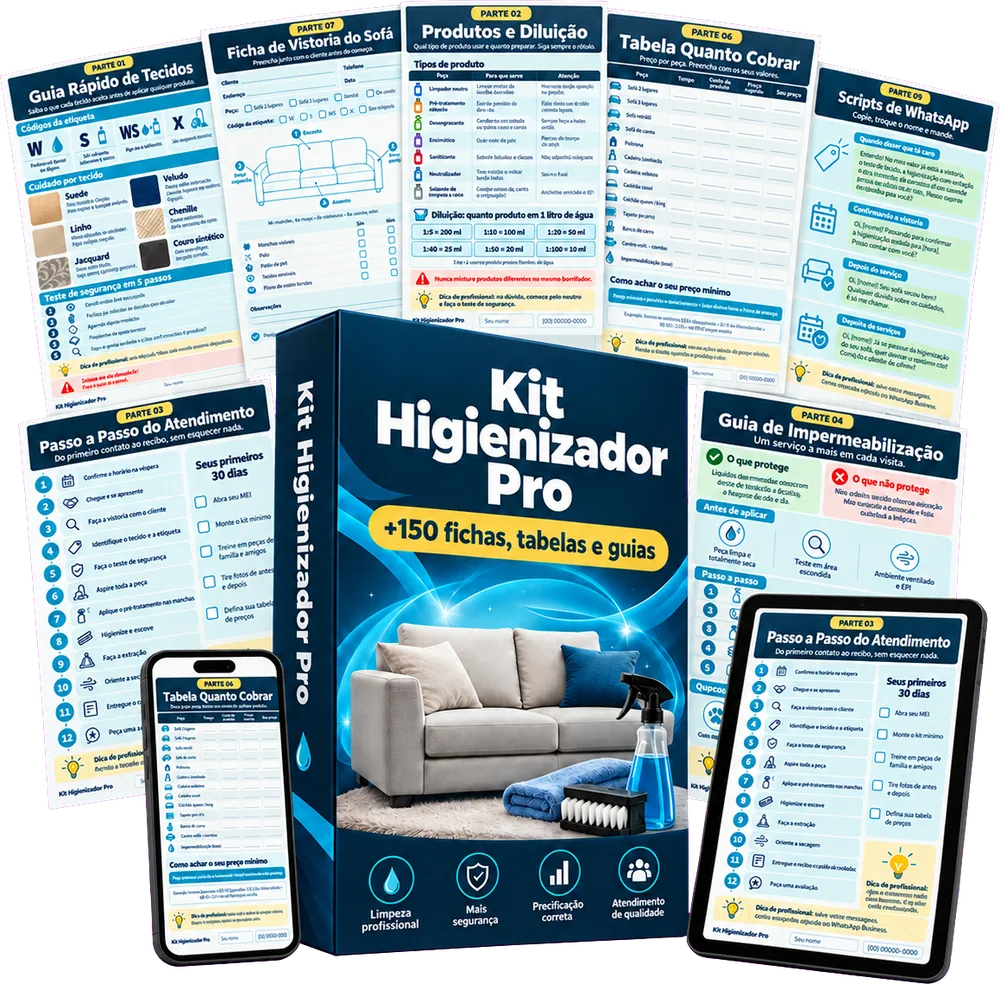 Kit Higienizador Pro: caixa, páginas do kit, celular e tablet